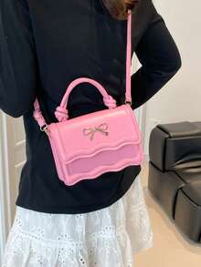 Fashion Solid Color Handbag, Casual Crease Flap Small Square Bag With Bowknot Metal Hardware Lock Closure, Tote Shoulder Crossbody Bag, Spring/Summer New - Pink - View 9