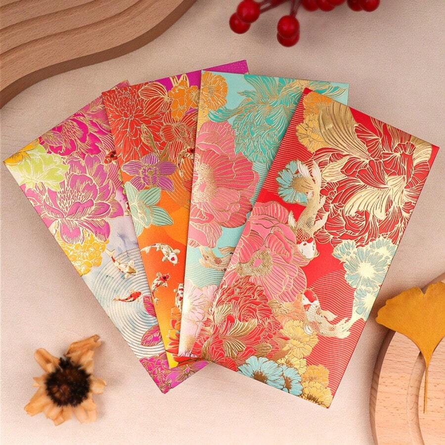 6个中国新年红包和感谢卡，灯笼造型，金色点缀，饰以吉祥多彩图案，适用于婚礼、生日、商务活动和复活节等场合。 - 1 Set - 查看 1
