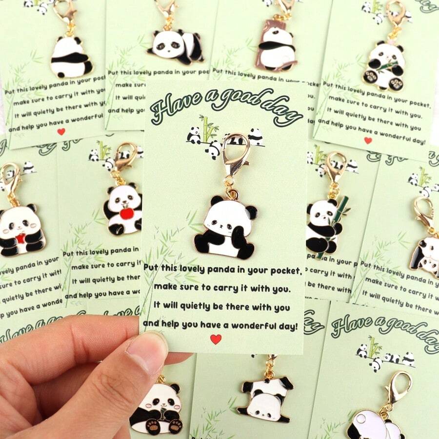 10/14pcs Gift Set, Cute Panda Hug Card Keychain, Inspirational Greeting Cards, Phone Charm Keyring Accessories (Random Assorted Styles), Ideal Gift For Holidays, Parties, Birthdays, Weddings, Graduations, Mother's Day, Father's Day - Multicolor - View 1