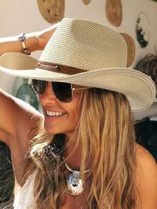 1pc Unisex Wide Brim Sun Hat, This Western Cowboy Hat/Cowboy Cloth Hat Is Suitable For Summer Beach Use, Featuring Durable Design And Easy Foldability - Panama Classic Straw Hat - View 4