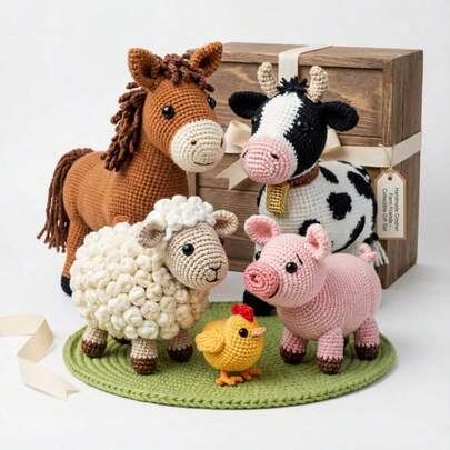 5件套动物钩针编织套装，适合初学者和成人，附带分步文字教程，包含马、牛、羊、猪和鸡的DIY编织材料，可爱有趣的农舍家居装饰品，生日、情人节和复活节礼物