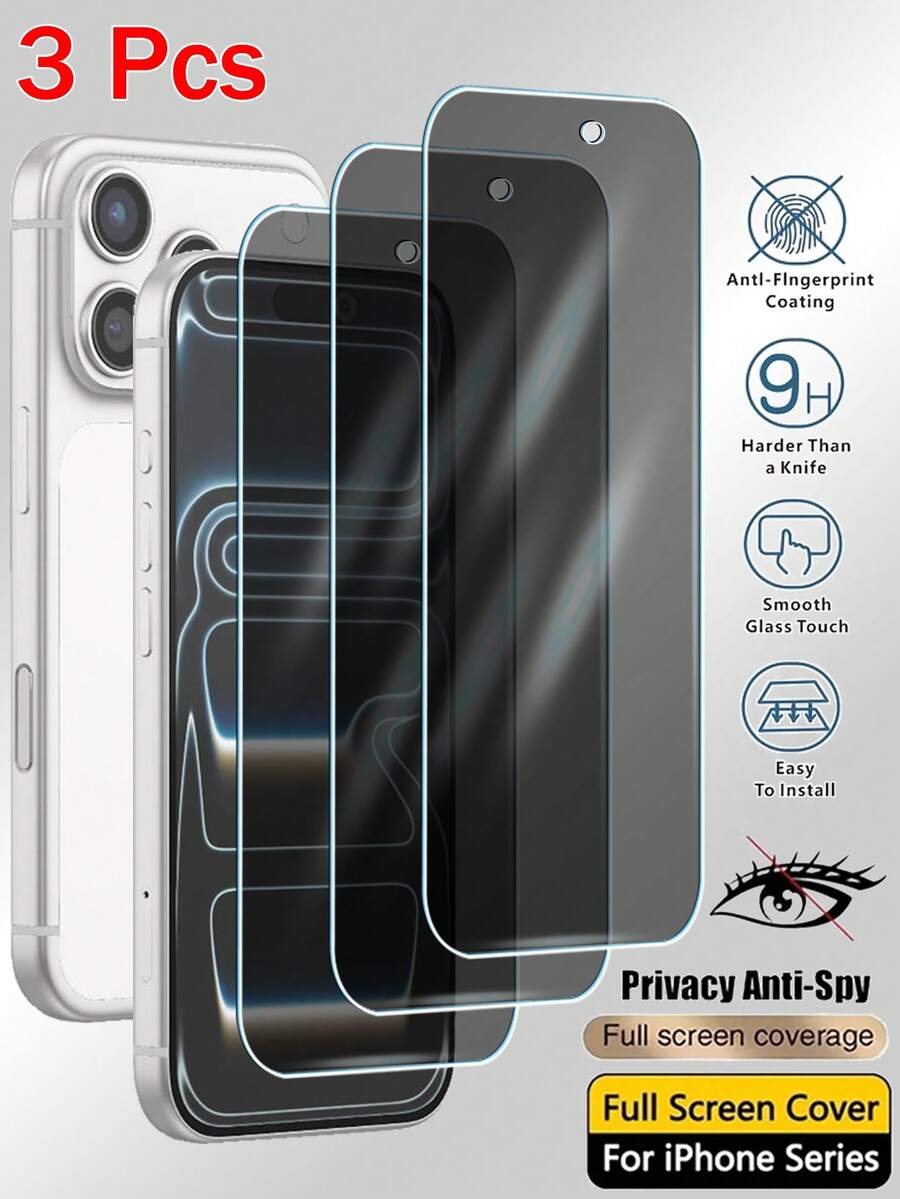 3片装隐私全屏钢化玻璃保护膜，保护屏幕，全屏手机保护膜，兼容 17e 16e 17 16 15 14 13 12 11 Pro Max XS X XR 17 16 15 14 Plus，防窥透明保护膜