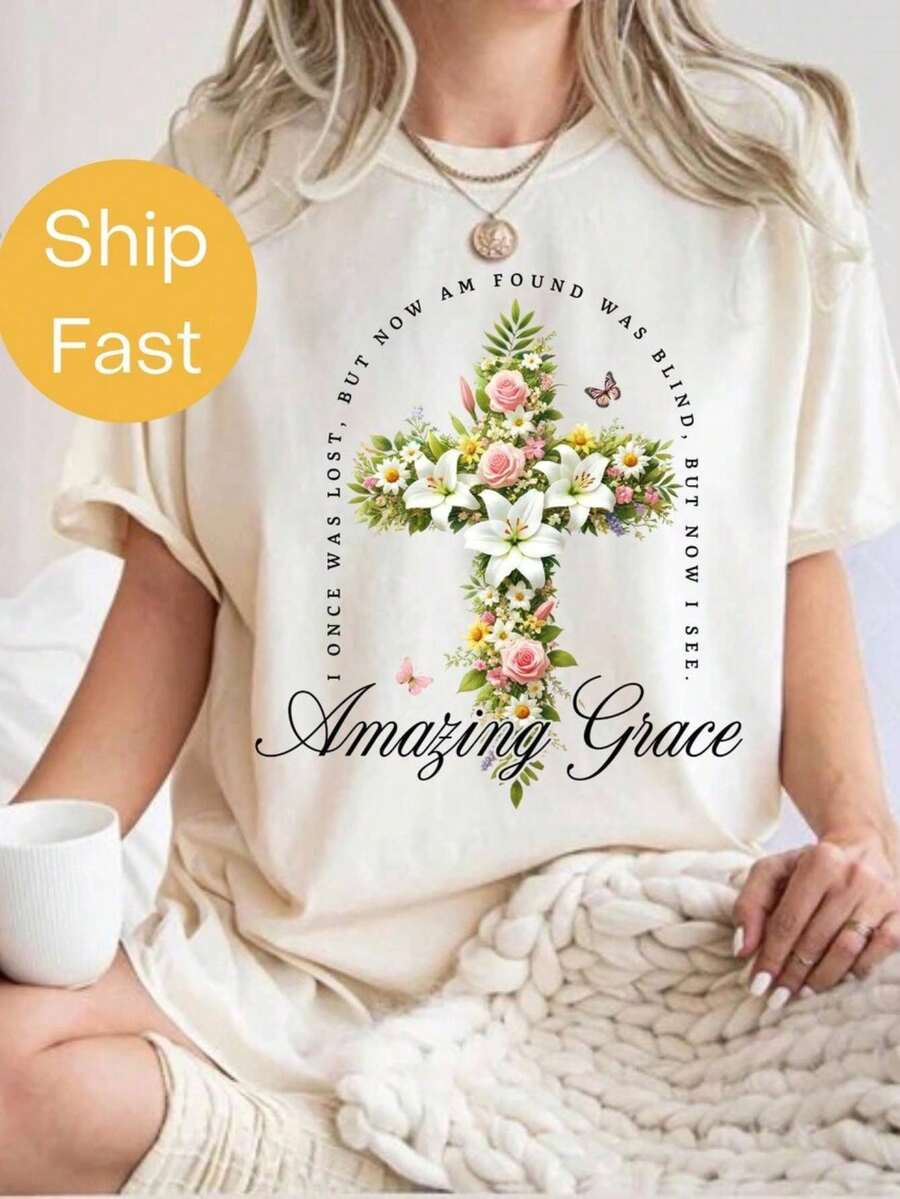 Amazing Grace How Sweet The Sound | Faith, Floral, Christian, Music, Song,100% Cotton Womens Oversized Printed Graphic T-Shirts Casual Round Neck Short Sleeve Tee 1pcs Fashion Shirt - Trắng006 - Xem 1