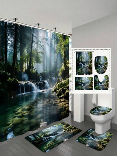 1/4件套河畔森林阳光浴帘套装，防水涤纶浴帘，防滑浴室垫，U型马桶垫，12个挂钩 - 现代风格，适合家居装饰、浴室装饰及配件，易于清洁和保养，乔迁礼物 - 四季皆宜
