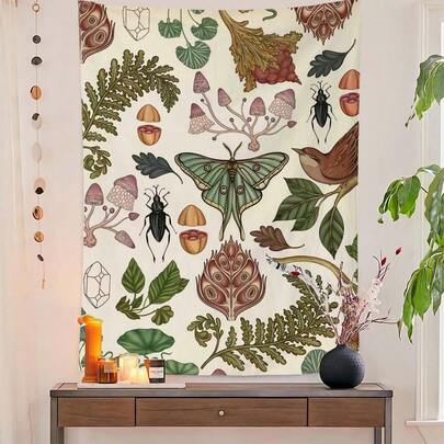 Tapiz floral, tapiz de terciopelo melocotón con plantas, tapiz colgante de pared con flores silvestres, tapiz de ilustración botánica vintage colorida, decoración de arte de tapiz para el hogar y la pared del dormitorio
