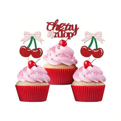 12 chiếc que cắm bánh cupcake hình quả anh đào sáng bóng, thiết kế độc đáo "She's The Icing On The Cake", thích hợp cho các bữa tiệc chủ đề trái cây, tiệc cưới và tiệc sinh nhật.