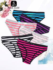 6 Pieces Of Plus Size Women's Underwear, Comfortable And Breathable Striped Lace Up Underwear, Close Fitting Underwear, Ultimate Comfort And Fashion, Suitable For Daily And Seasonal Wear - 彩色 - 查看 1