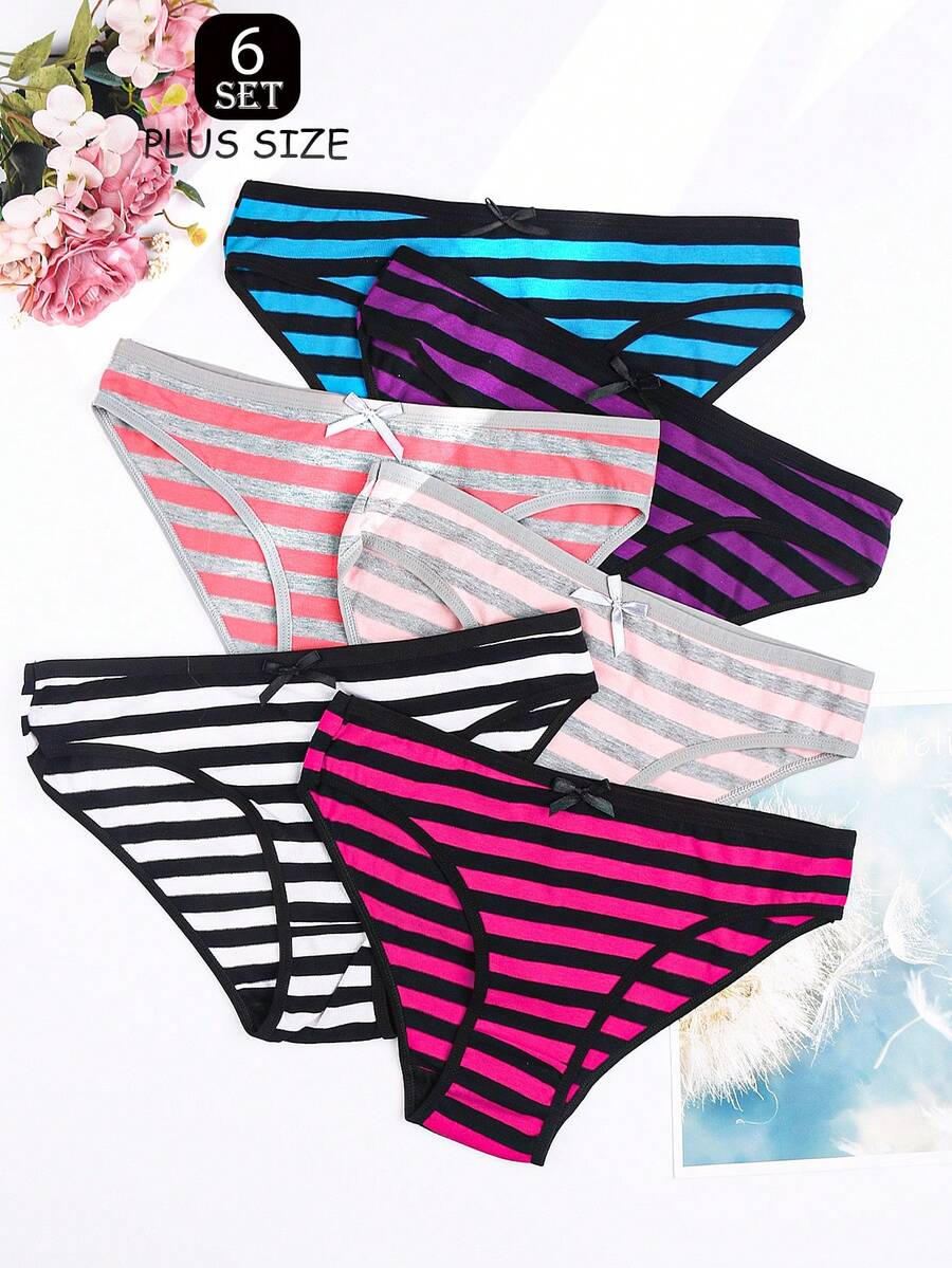6 Pieces Of Plus Size Women's Underwear, Comfortable And Breathable Striped Lace Up Underwear, Close Fitting Underwear, Ultimate Comfort And Fashion, Suitable For Daily And Seasonal Wear - 彩色 - 查看 1