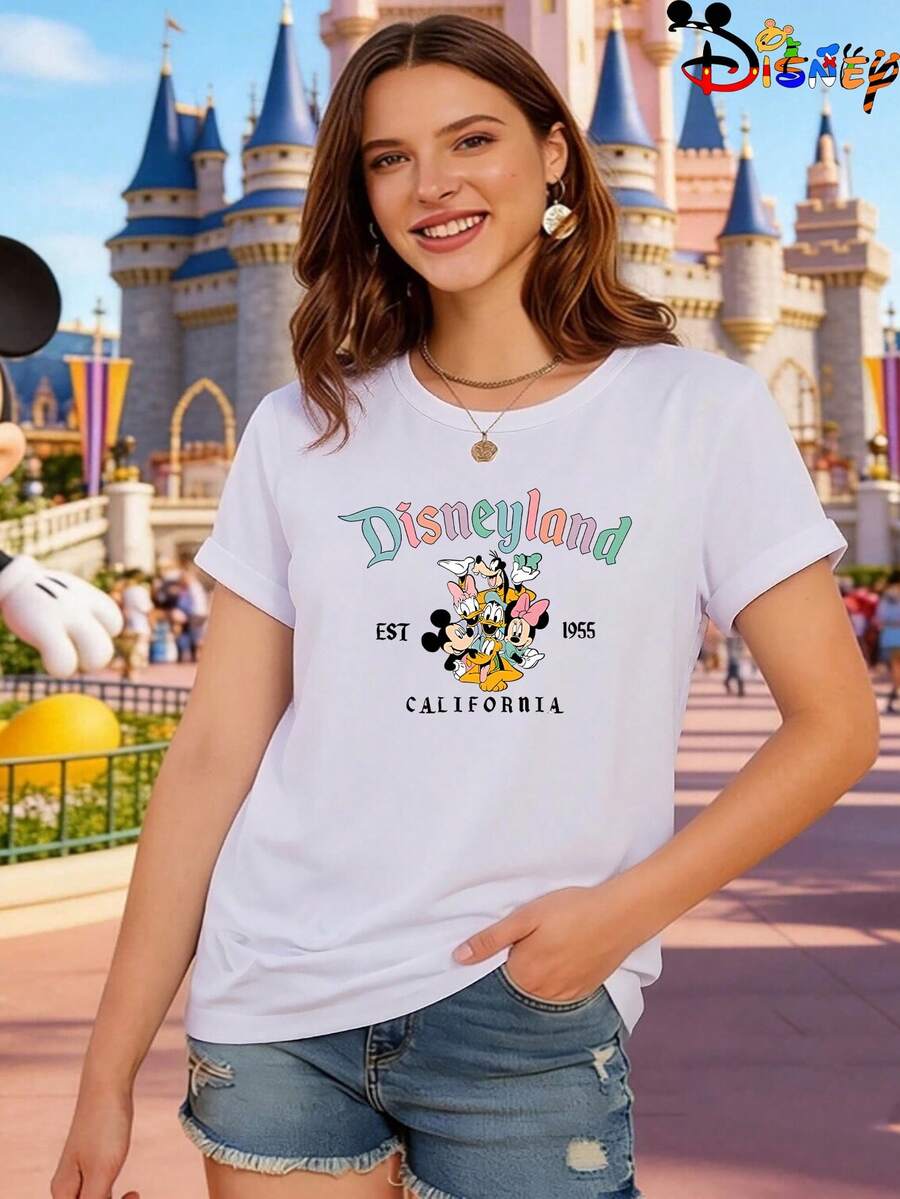 Womens Casual Disneyland California   Mouse Print Regular Short Sleeve Round Neck T-Shirt - 白色 - 查看 1