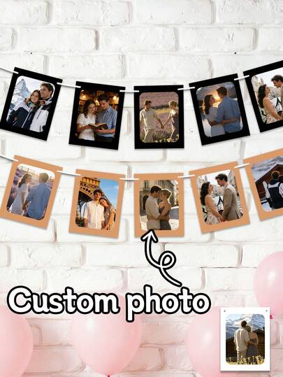 Custom Photo Banner Garland, Romantic Memory Display Decoration For Wall Party Room Decor, Personalized Picture Hanging Banner Gift For Couples Family Friends, Stylish Celebration Decor For Birthday, Customized Photo Garland Gift Idea, Customizable Picture Banner Keepsake Decoration