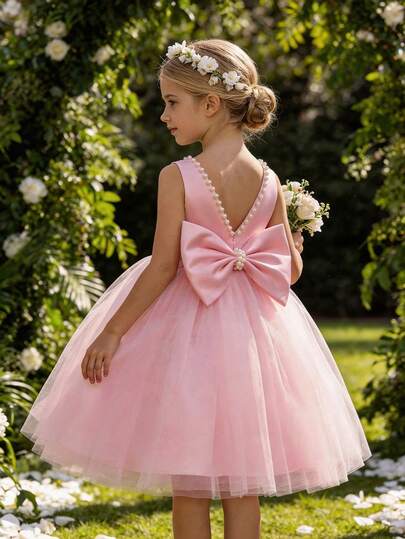 Young Girl Elegant Bowknot Dress, Princess Dress Suitable For Birthday Party, Banquet, Ball, Party, Exquisite Daily Wear, Holiday Celebration, Flower Girl Wedding Dress, Stage Show Performance