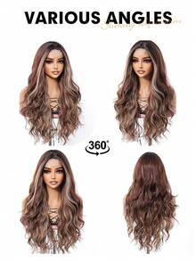 26 Inch Long Straight U-Part Seamless Bangs Synthetic Wig, Brown Mixed With White Natural Middle Part Wig, Shiny Golden Hair - Brown Highlight - View 11