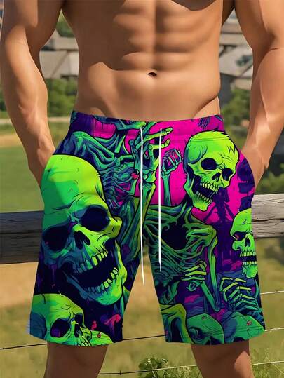 3D Digital Print Colorful Skull Design Men's Plus Size Beachshorts, Summer Casual Vacation Style Men's Plus Size Bottoms, Soft Breathable Men's Shorts