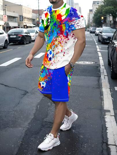 最新款3D时尚印花男士两件套休闲西装，完美适用于节日、生日礼物