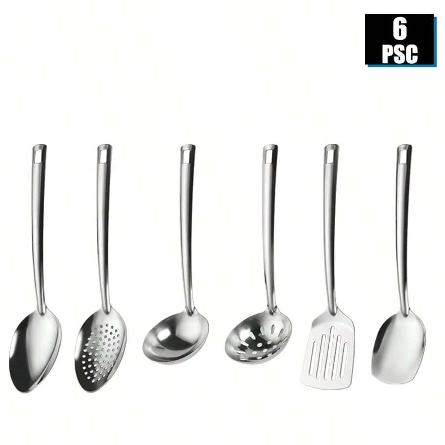6pcs Stainless Steel Buffet Serving Utensils Set, Includes Soup Ladle & Serving Spoon, Suitable For Self-Service Meals, Banquets, Home, Hotel, School, Parties - Multicolor - View 1