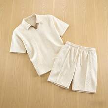 Bộ áo polo và quần short nam bằng vải jacquard có họa tiết, thích hợp mặc đi làm và đi nghỉ mát. - Màu be - Xem 3