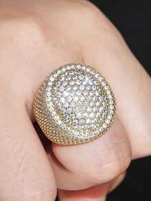 Nhẫn đôi sang trọng hình tròn màu vàng đính đá Cubic Zirconia, quà tặng đính hôn và cưới. - Màu vàng - Xem 3