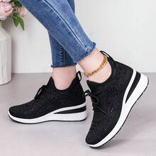 Nuevos zapatos casuales transpirables, parte superior de malla con lentejuelas, cómodas zapatillas con plataforma para mamás - Negro - Ver 7