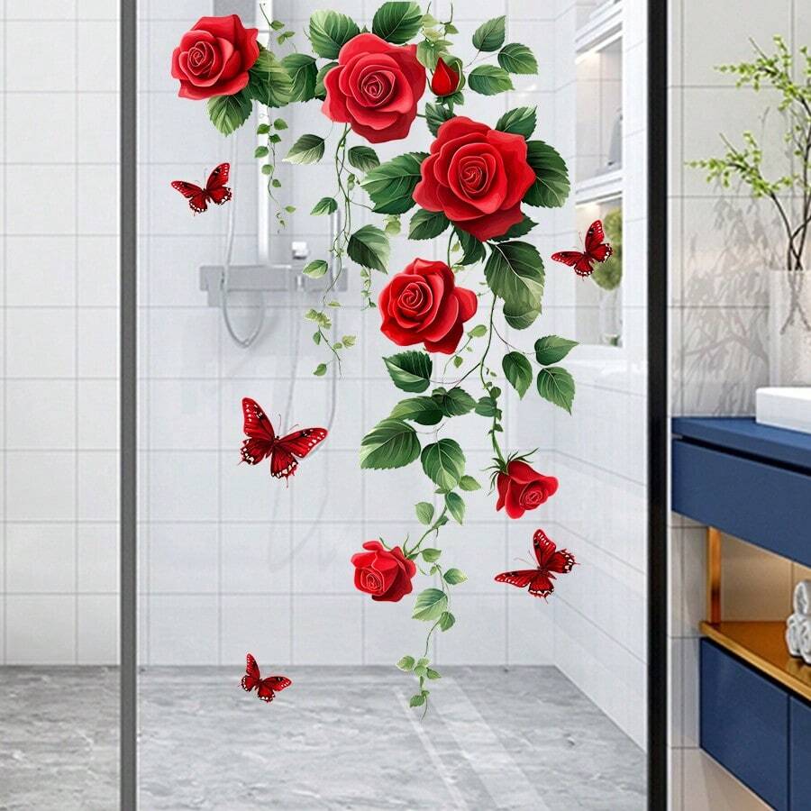1pc Red Rose Vine Glass Sticker, Butterfly Floral PVC Glass Sticker, Suitable For Bathroom And Bedroom Glass Decor Window Sticker - Rose, Green Leaf, Butterfly - View 1