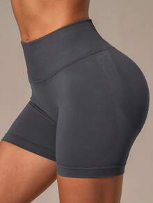 NcmRyu Women's Ono Pc Ribbed Solid Color High Waist Elastic Slim Fit Sports Shorts - Xám - Xem 7