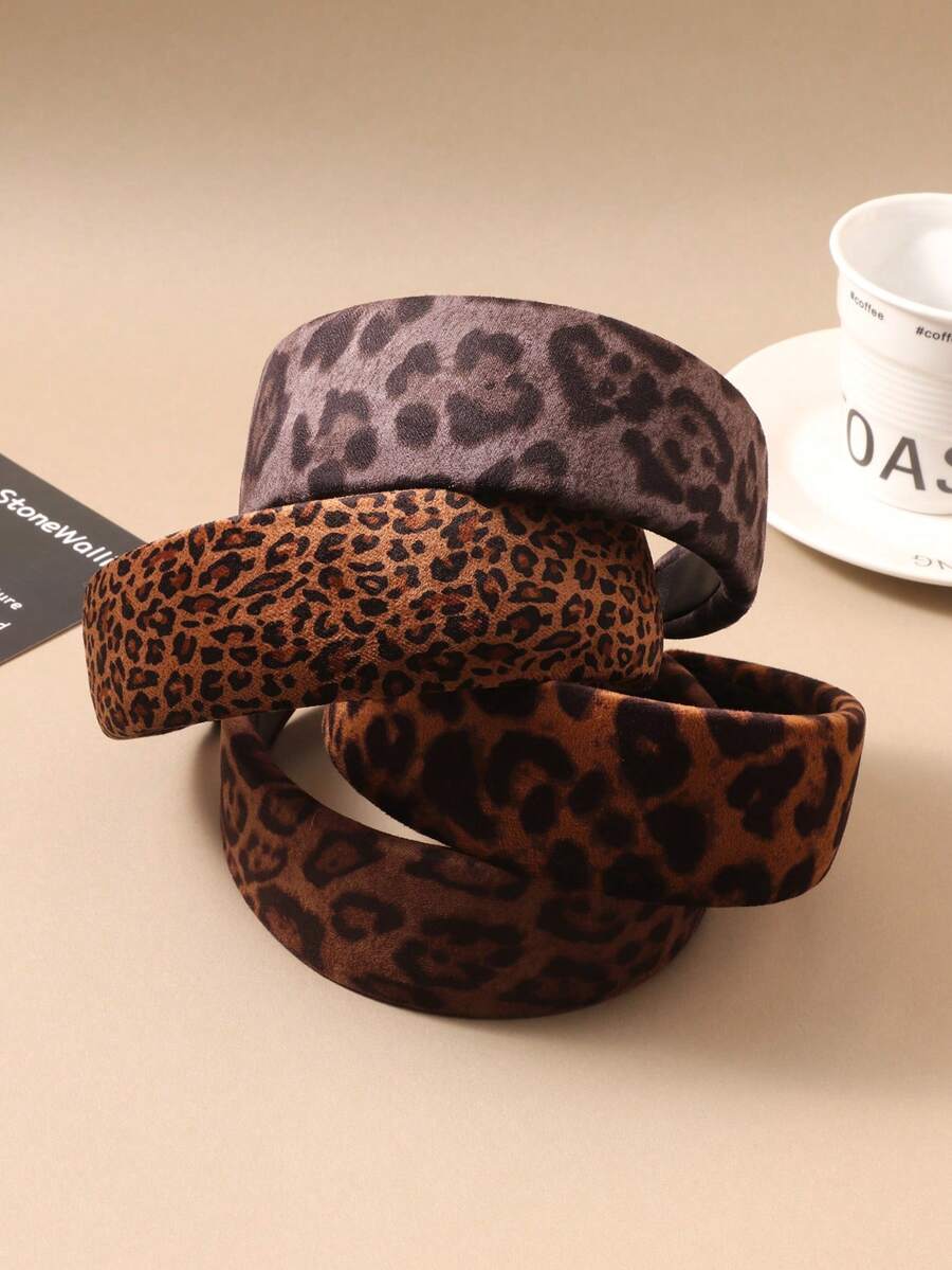 1件复古宽边豹纹天鹅绒发箍，时尚优雅发箍发夹，女士日常佩戴防滑高冠头饰 - 彩色 - 查看 1