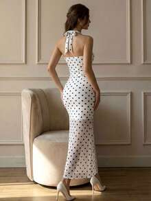 Women's Elegant White Polka Dot Halter Neck Mesh Ruched Slit Maxi Dress, Chic Sexy Evening Dress - White - View 2