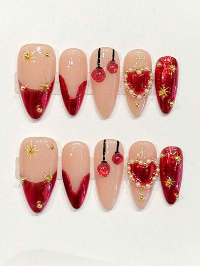 10pcs Pure Handmade Press On Nails Long Nails Almond Nails A Nude Base, Paired With Mirror Red, Three-Dimensional Red Lanterns, Pearls And Small Gold Beads, As Well As Hand-Painted Golden Star Patterns, Is Both Retro And Magnificent.Gentle Elegant Cute Nails For Ladies And Girls Spring Summer Fall Winter Festivals Parties And Daily Life Use