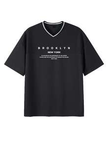 GRDR Camiseta de manga corta con cuello en V, estampado de eslogan en inglés, minimalista, de verano para hombre, cómoda y de moda - Negro - Ver 3