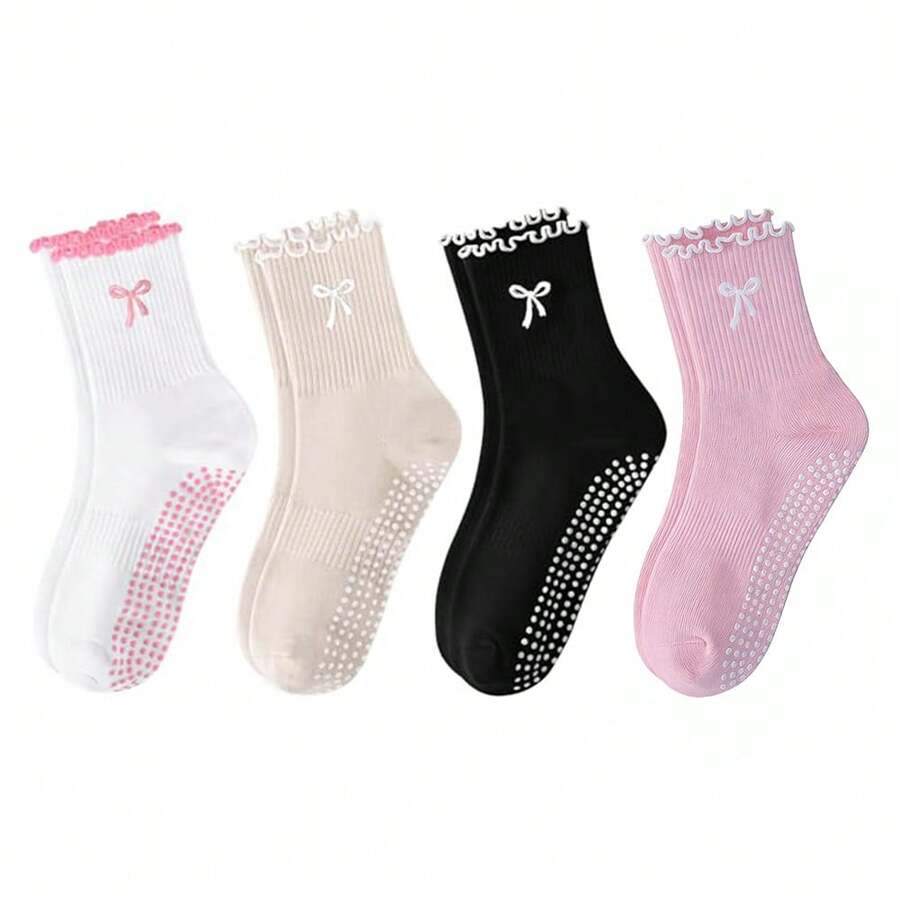 2双装防滑普拉提袜，棉质透气瑜伽袜，高弹吸湿排汗中筒袜，女士款 - 彩色 - 查看 1