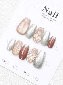 10片手工制作裸色和金色3D钻石纹理可重复使用假指甲，适合婚礼和日常佩戴 - 香檳色 - 查看 5