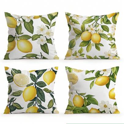 4pcs Lemon & Flower Pattern Pillow Covers, Single-Sided Printed Cushion Covers, Suitable For Living Room, Bedroom, Home Decor, All Seasons