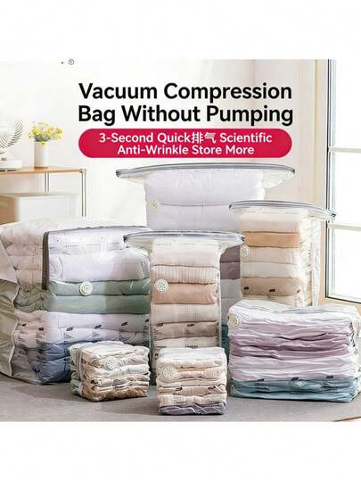2个加厚棉质可重复使用真空收纳袋，无需真空泵，适用于衣物和床上用品。