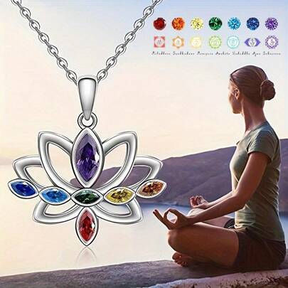 Women's 7-Chakra For Lotus Flower Necklace With Inlaid Chakra Stones - 7-Color Pendant (Root, Sacral, Solar Plexus, Heart, Throat, Third Eye,) - Elegant Spiritual Jewelry Gift For Yoga, Meditation, Birthdays & Weddings - Durable Casual Attire, Year-Round Accessory