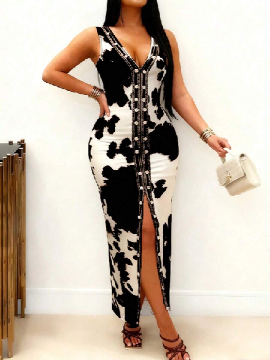 优雅奶牛纹开衩下摆仿纽扣沙滩连衣裙，适合女士派对穿着 - 黑與白 - 查看 1