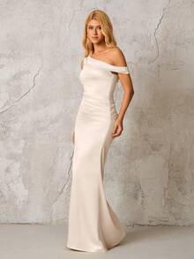 Open Shoulder Ruched Mermaid Hem Elegant Formal Evening Gown (Zipper, Sexy) Party Spring Wedding - Apricot - View 4