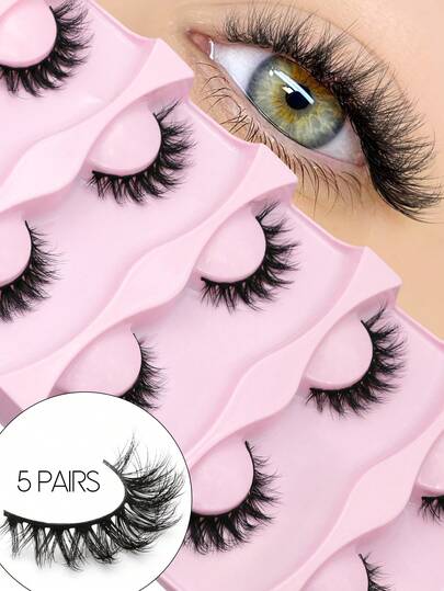 GROINNEYA 5对交叉短款柔软假睫毛，自然长款仿貂毛睫毛，浓密蓬松可重复使用，适合睫毛嫁接新手，放大双眼，约会和日常佩戴皆宜，提升魅力