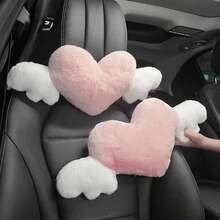 1pc Car Plush Headrest Neck Protection Pillow Plush Heart-Shaped Wings Car Neck Pillow Cushion Car Interior Supplies - Love - View 9