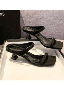 女士方头系带小猫跟凉鞋，豹纹仙女风格，夏季面料鞋面户外高跟凉鞋 - 黑色 - 查看 12