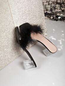 方头仿毛皮水晶高跟女式高跟凉鞋，夏季百搭套脚粗跟时尚凉鞋，适合商务、派对、婚礼、夜店等场合 - 黑色 - 查看 8