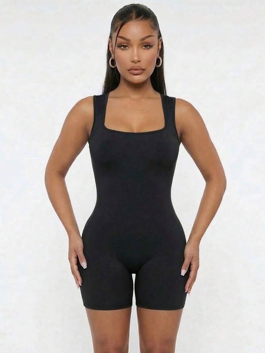 Women's Sleeveless Bodycon Romper Square Neck Tank Top For Summer Basic Loungewear - 黑色 - 查看 1