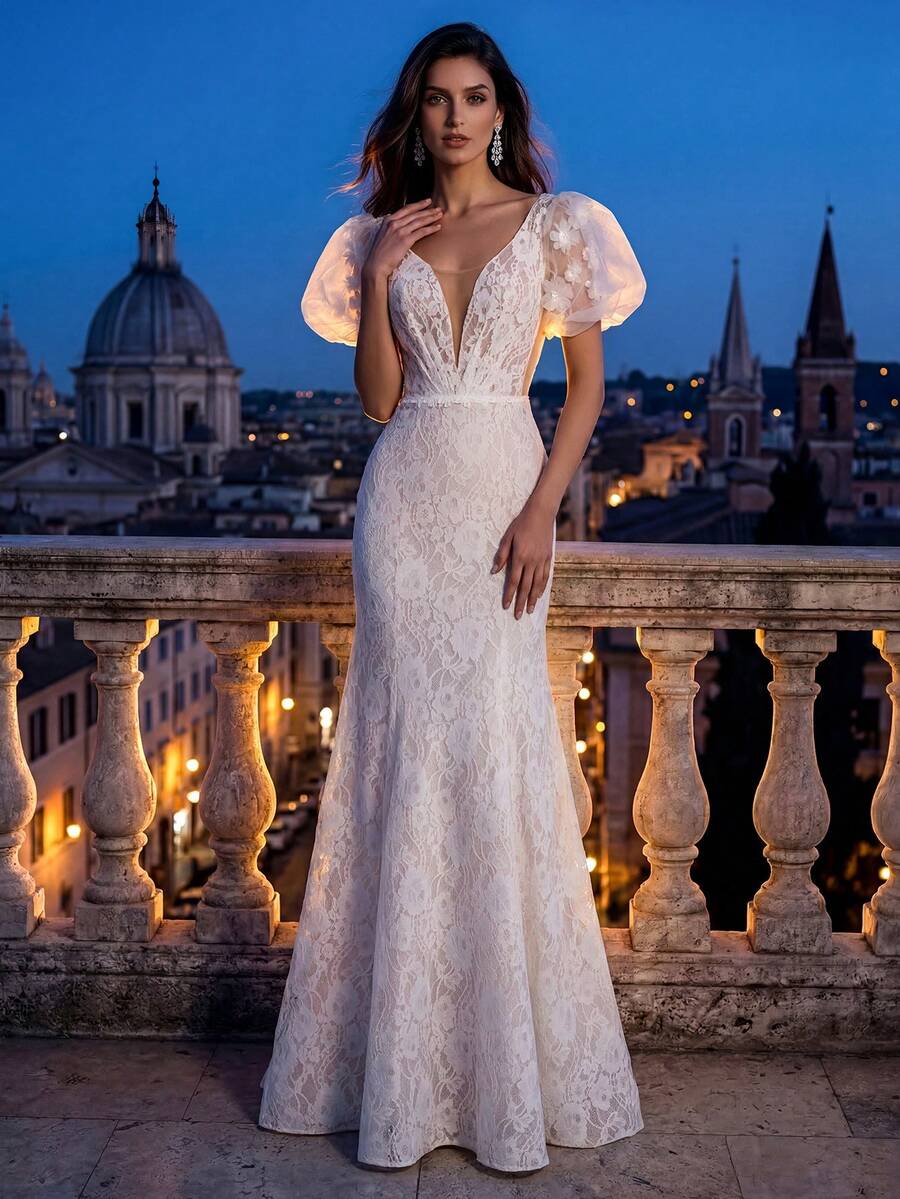 HEARBOBO Mesh Petal Sleeve Deep V-Neck Lace Trim Luxurious Bohemian Mermaid Dress, Elegant French Style Wedding Gown - White - View 1