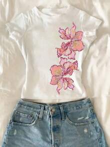 2026 Y2K 女士复古花卉刺绣黑色露脐上衣，优雅外出、派对、夏季、度假、海滩休闲装扮 白色 - 白色 - 查看 1