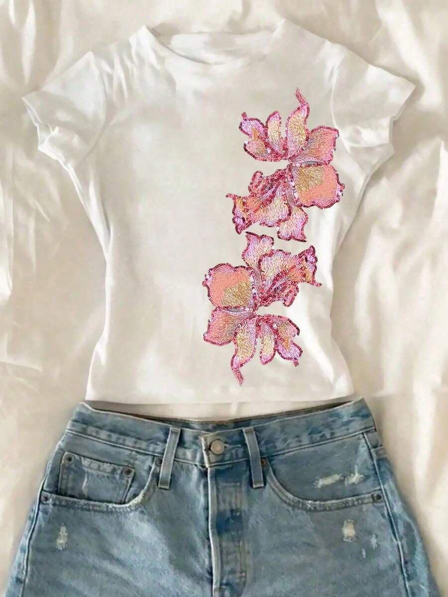 2026 Y2K 女士复古花卉刺绣黑色露脐上衣，优雅外出、派对、夏季、度假、海滩休闲装扮 白色 - 白色 - 查看 1