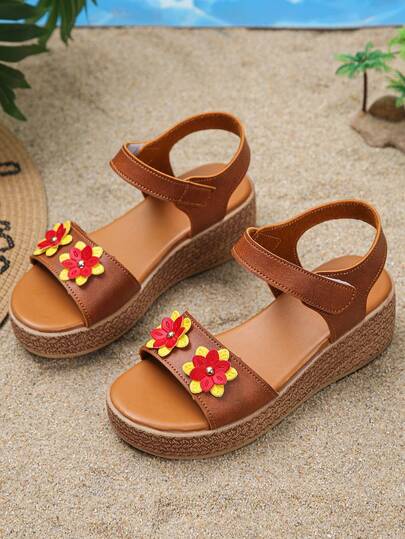 1双女童夏季高跟凉鞋，时尚简约魔术贴撞色花卉休闲厚底舒适日常穿着防滑露趾坡跟凉鞋