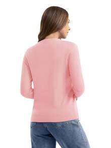 Women's Knit Cardigan Sweater Casual Lightweight Crew Neck Long Sleeve Open Front Cardigan - Baby Pink - View 3