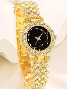 6pcs Elegant Luxury Women's Quartz Watches, Women's Luxury Classic Four-Leaf Clover Jewelry Watch Set, Including A Gold Fully Diamond-Studded Strap Black-Dial Quartz Watch, Four-Leaf Clover Bracelet, Chain Necklace, Ring, And Stud Earrings. - Gold - View 2