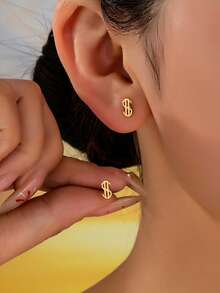 1 Pair Fashionable Minimalist Dollar Sign Earrings For Women - Yellow Gold - View 5