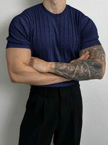 Men's Solid Color Minimalist Casual Short Sleeve Knit Sweater - Navy Blue - View 4