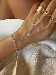 1pc Elegant Faux Pearl & Cubic Zirconia Finger Chain Bracelet, Suitable For Women's Daily Wear, Dates, Parties, Banquets, Holiday Gift - 黃金 - 查看 1