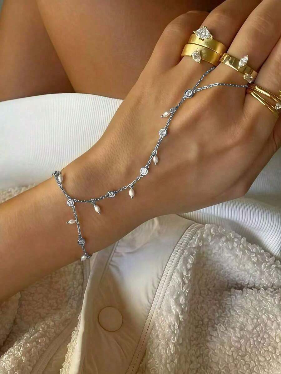 1pc Elegant Faux Pearl & Cubic Zirconia Finger Chain Bracelet, Suitable For Women's Daily Wear, Dates, Parties, Banquets, Holiday Gift - 黃金 - 查看 1